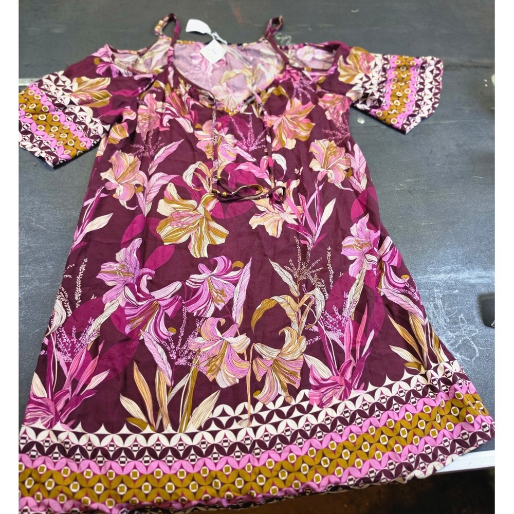 Floral Cold Shoulder Boho Mini Dress Plum Pink Geometric XL NWT